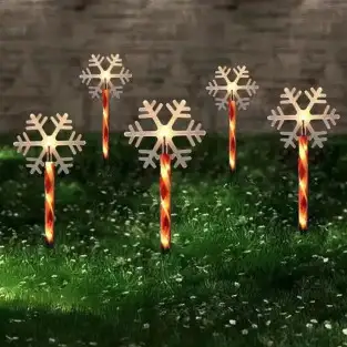 Decoratiune solara cu 5 acadele cu fulgi de nea, alb cald, pentru exterior, 45cm 2