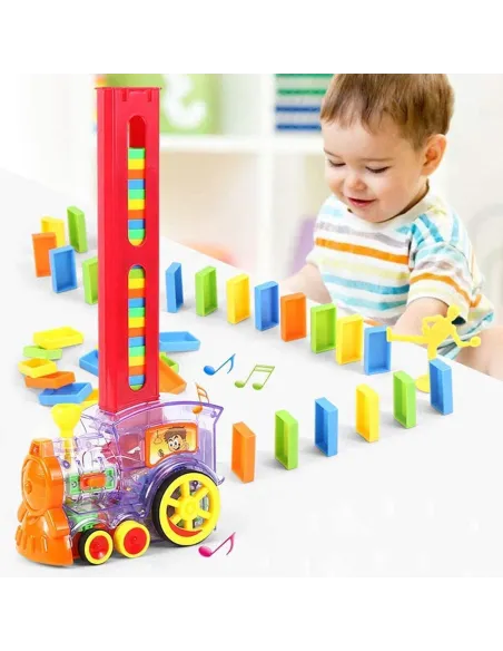 Trenuleț Domino pentru Copii – 80 Piese, Construcție Automată, Lumini & Sunete
