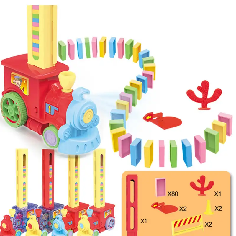 Trenuleț Domino pentru Copii – 80 Piese, Construcție Automată, Lumini & Sunete