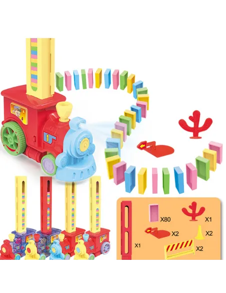 Trenuleț Domino pentru Copii – 80 Piese, Construcție Automată, Lumini & Sunete