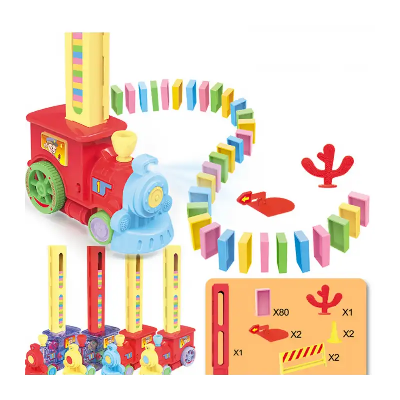 Trenuleț Domino pentru Copii – 80 Piese, Construcție Automată, Lumini & Sunete