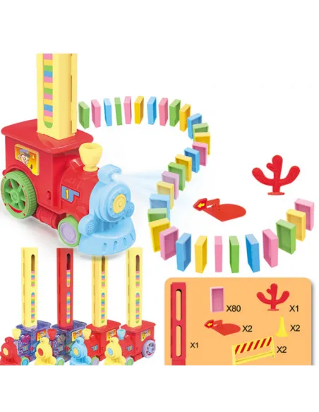 Trenuleț Domino pentru Copii – 80 Piese, Construcție Automată, Lumini & Sunete
