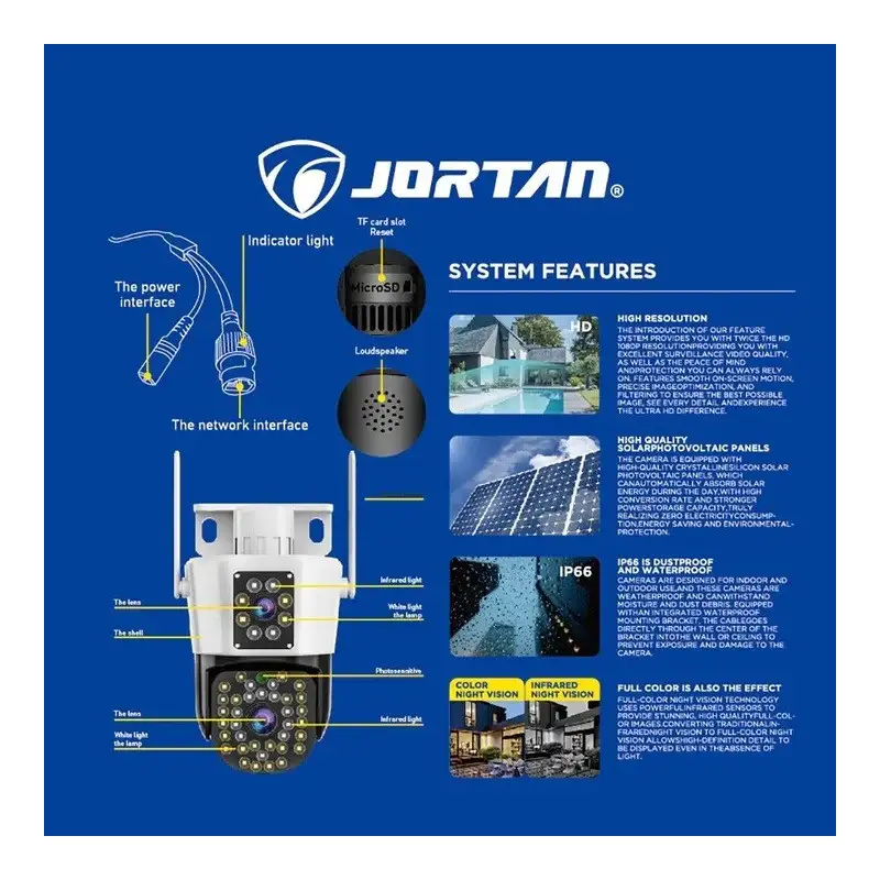 Camera de Supraveghere Duala, Wireless Jortan JT-8293, 6MP, Viziune Nocturnă,IP66,Detectare Mișcare și Audio + Card 32 Gb