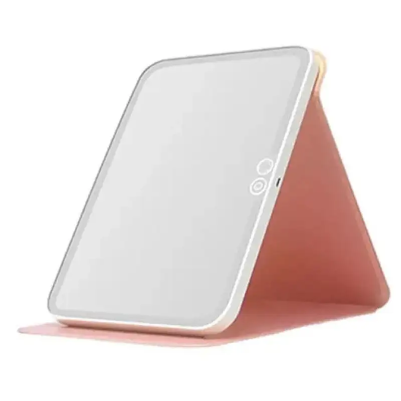 Mini oglinda roz portabila patrata cu LED pentru machiaj si suport pliabil