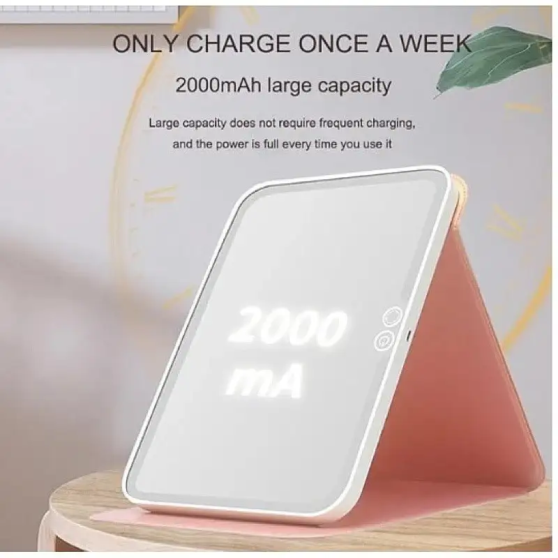 Mini oglinda roz portabila patrata cu LED pentru machiaj si suport pliabil