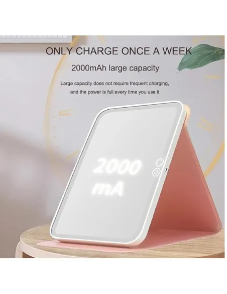 Mini oglinda roz portabila patrata cu LED pentru machiaj si suport pliabil