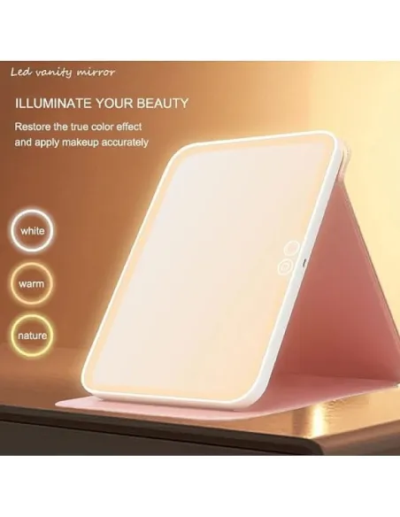 Mini oglinda roz portabila patrata cu LED pentru machiaj si suport pliabil