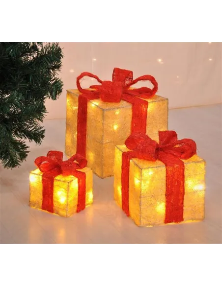 Set 3 cadouri de Craciun iluminate cu led cu fundite