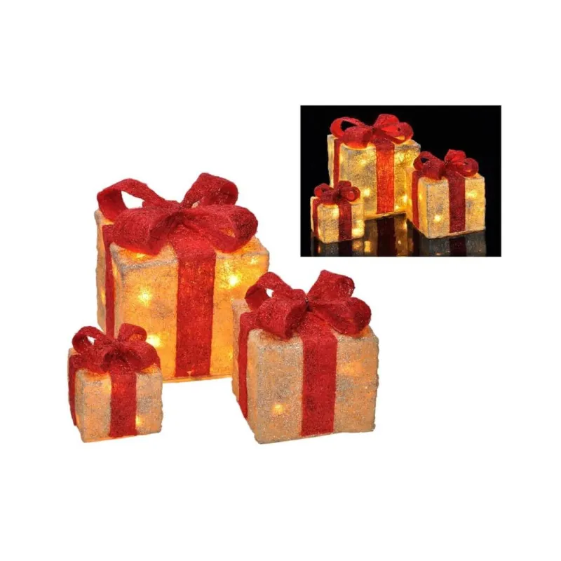 Set 3 cadouri de Craciun iluminate cu led cu fundite