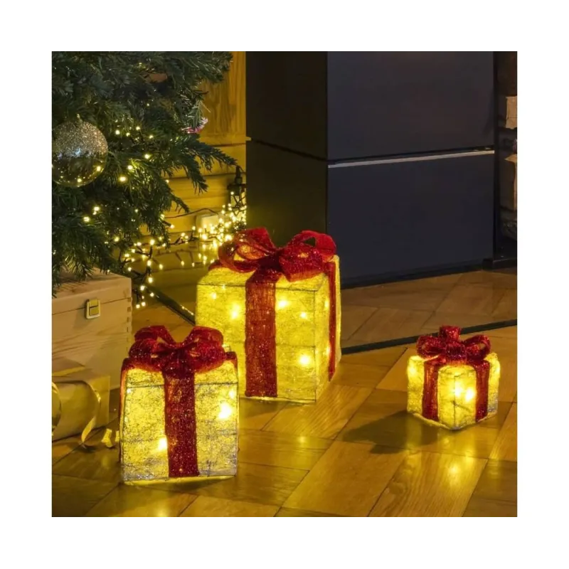 Set 3 cadouri de Craciun iluminate cu led cu fundite