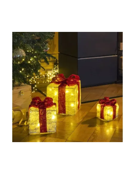 Set 3 cadouri de Craciun iluminate cu led cu fundite