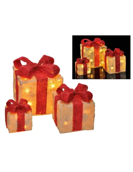 Set 3 cadouri de Craciun iluminate cu led cu fundite