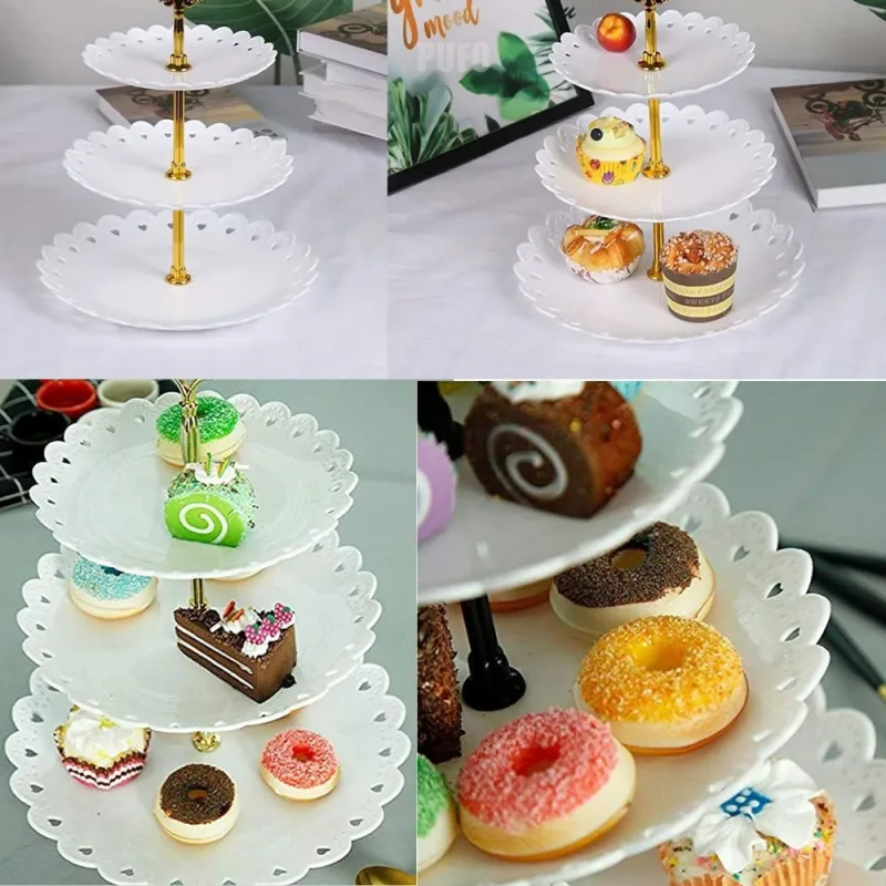 Platou pentru prajituri , supraetajat cu 3 niveluri alb cu model