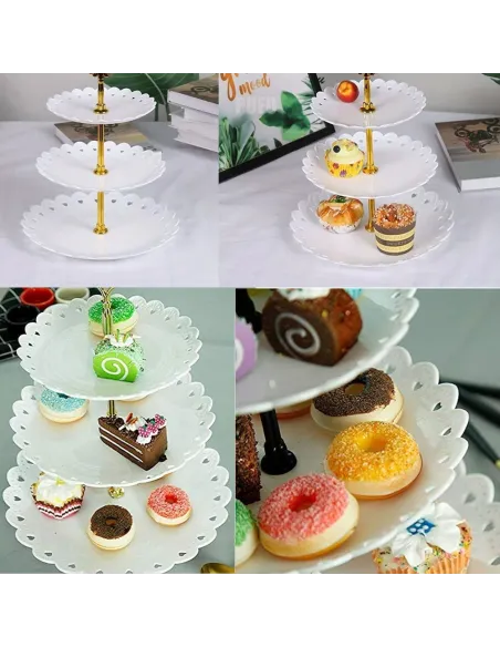 Platou pentru prajituri , supraetajat cu 3 niveluri alb cu model