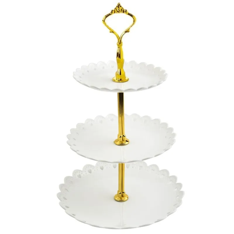 Platou pentru prajituri , supraetajat cu 3 niveluri alb cu model