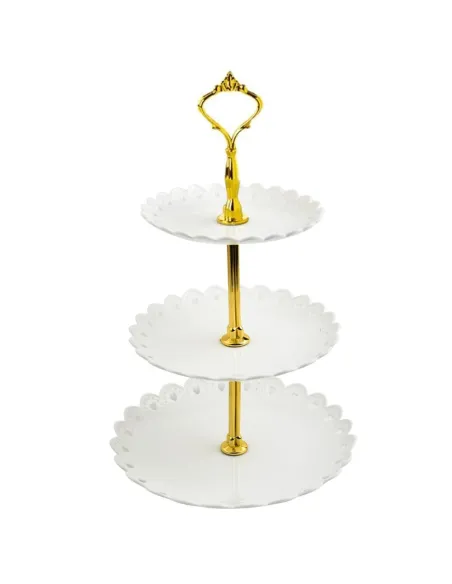 Platou pentru prajituri , supraetajat cu 3 niveluri alb cu model