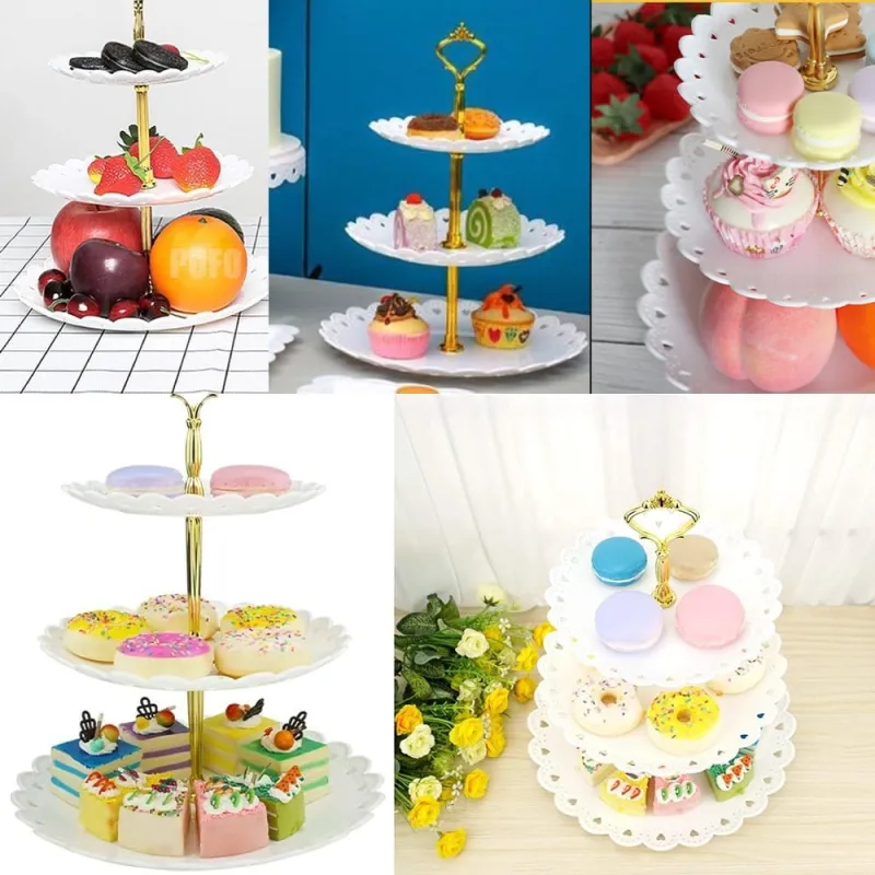 Platou pentru prajituri , supraetajat cu 3 niveluri alb cu model