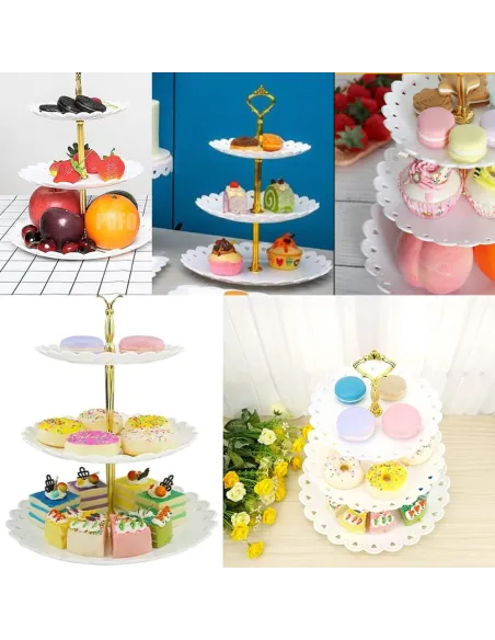 Platou pentru prajituri , supraetajat cu 3 niveluri alb cu model