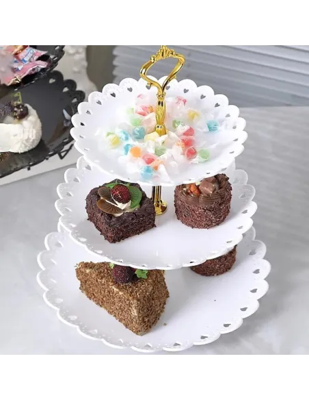 Platou pentru prajituri , supraetajat cu 3 niveluri alb cu model