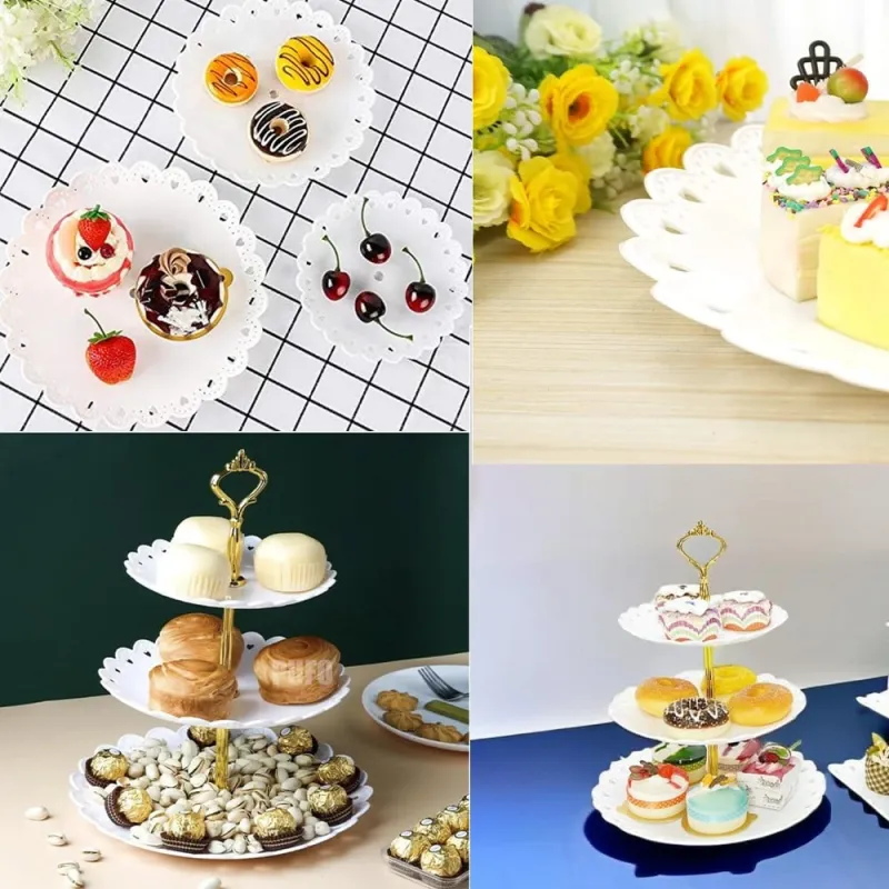 Platou pentru prajituri , supraetajat cu 3 niveluri alb cu model