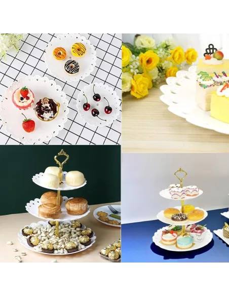 Platou pentru prajituri , supraetajat cu 3 niveluri alb cu model