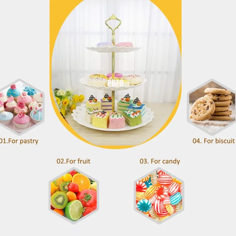 Platou pentru prajituri , supraetajat cu 3 niveluri alb cu model