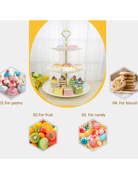 Platou pentru prajituri , supraetajat cu 3 niveluri alb cu model