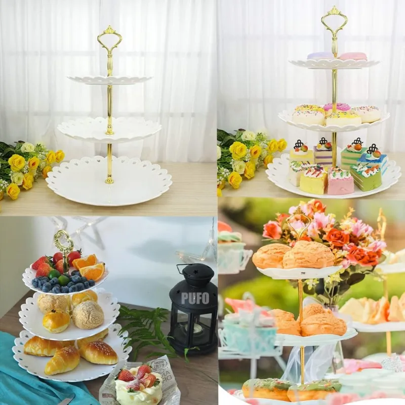 Platou pentru prajituri , supraetajat cu 3 niveluri alb cu model