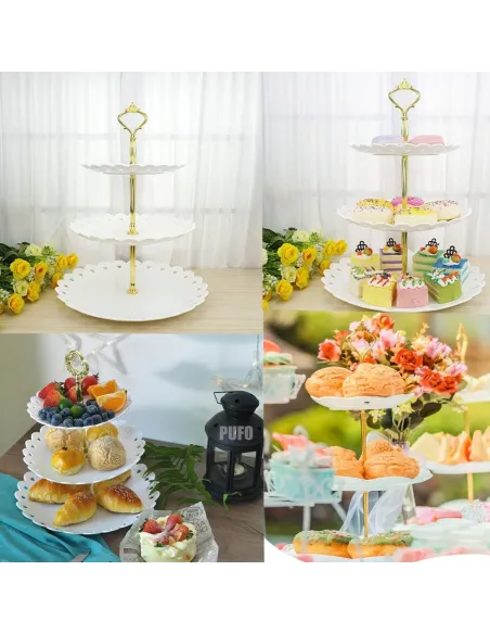 Platou pentru prajituri , supraetajat cu 3 niveluri alb cu model