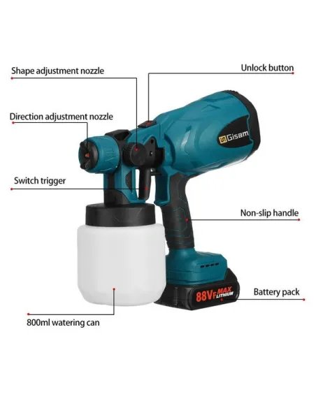 Pistol de vopsit cu 2 acumulatori, 24V, rezervor 800 ML, putere 650 ML/ min