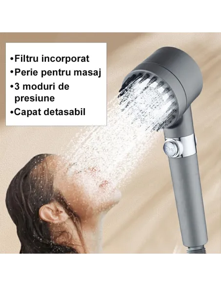 Para de dus cu perie pentru masaj , cap detasabil ,gri metalic