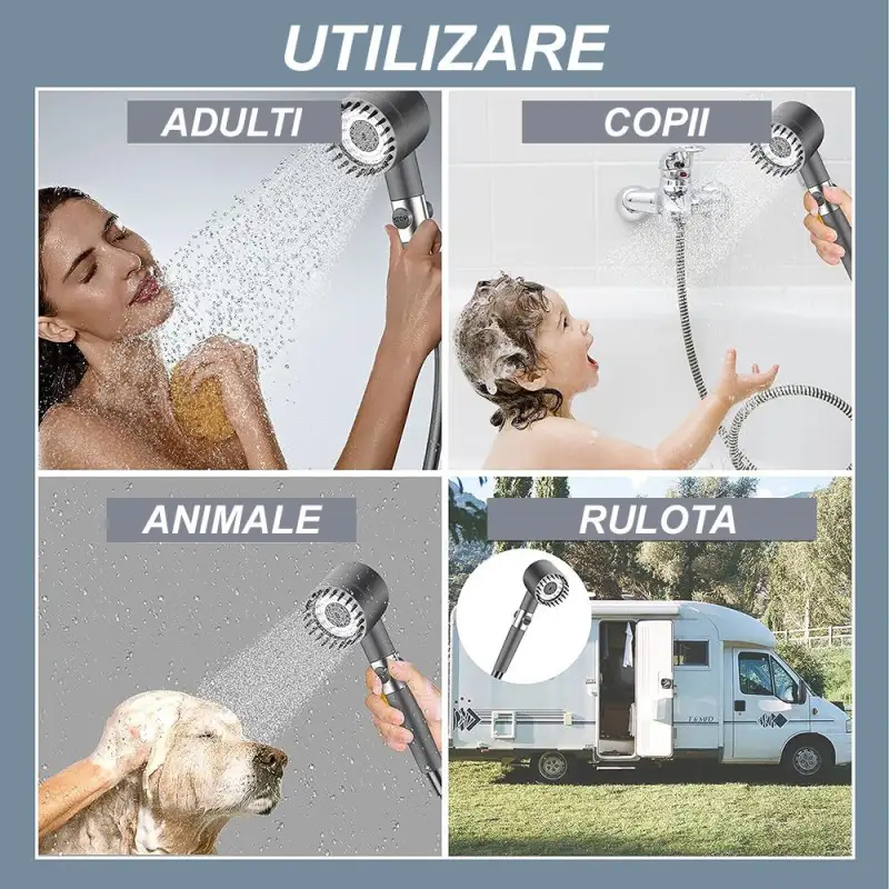 Para de dus cu perie pentru masaj , cap detasabil ,gri metalic