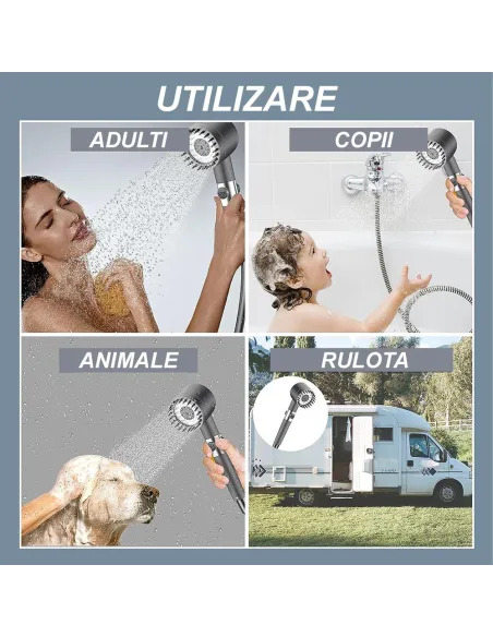 Para de dus cu perie pentru masaj , cap detasabil ,gri metalic