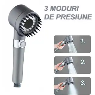 Para de dus cu perie pentru masaj , cap detasabil ,gri metalic