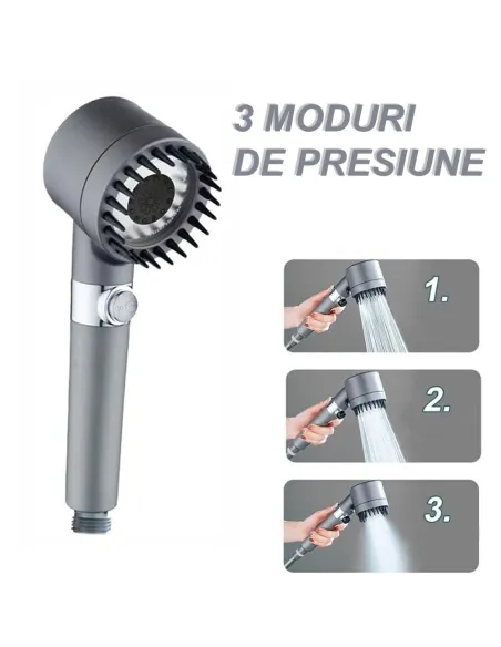 Para de dus cu perie pentru masaj , cap detasabil ,gri metalic