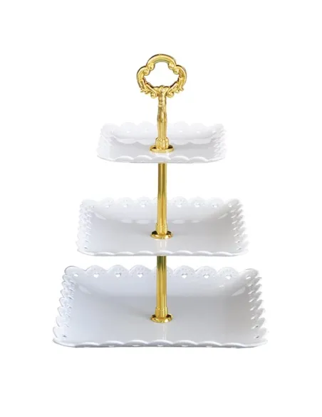 Platou pentru prajituri patrat , supraetajat cu 3 niveluri alb