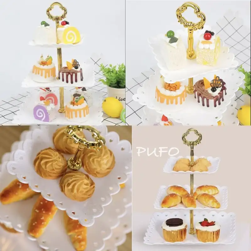 Platou pentru prajituri patrat , supraetajat cu 3 niveluri alb