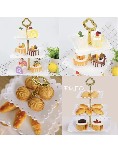 Platou pentru prajituri patrat , supraetajat cu 3 niveluri alb