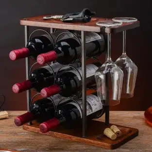 Suport din lemn pentru 6 sticle , 2 pahare 2