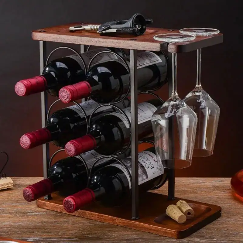 Suport din lemn pentru 6 sticle , 2 pahare