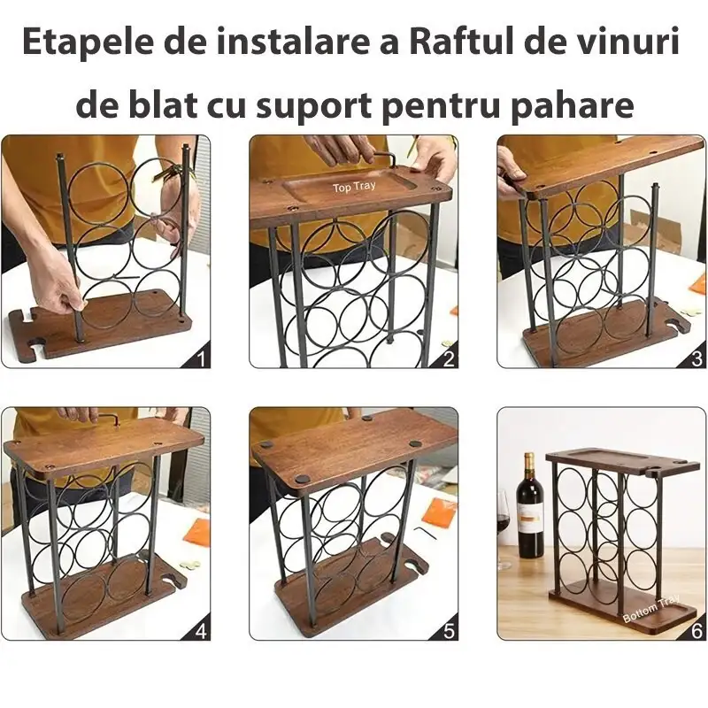Suport din lemn pentru 6 sticle , 2 pahare