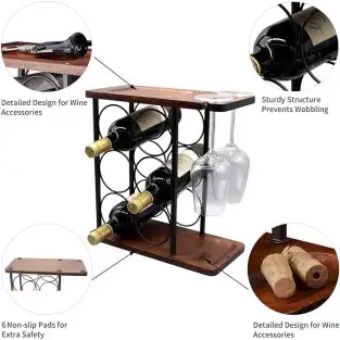 Raft Metalic pentru 6 Sticle de Vin cu Suport pentru 2 Pahare si Blat din Lemn 2