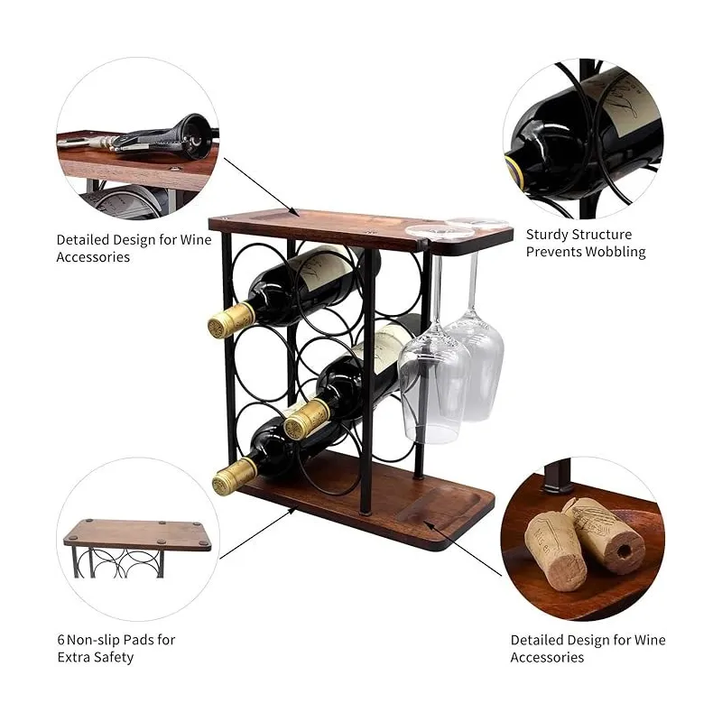 Raft Metalic pentru 6 Sticle de Vin cu Suport pentru 2 Pahare si Blat din Lemn