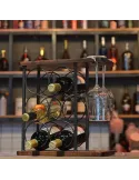 Raft Metalic pentru 6 Sticle de Vin cu Suport pentru 2 Pahare si Blat din Lemn