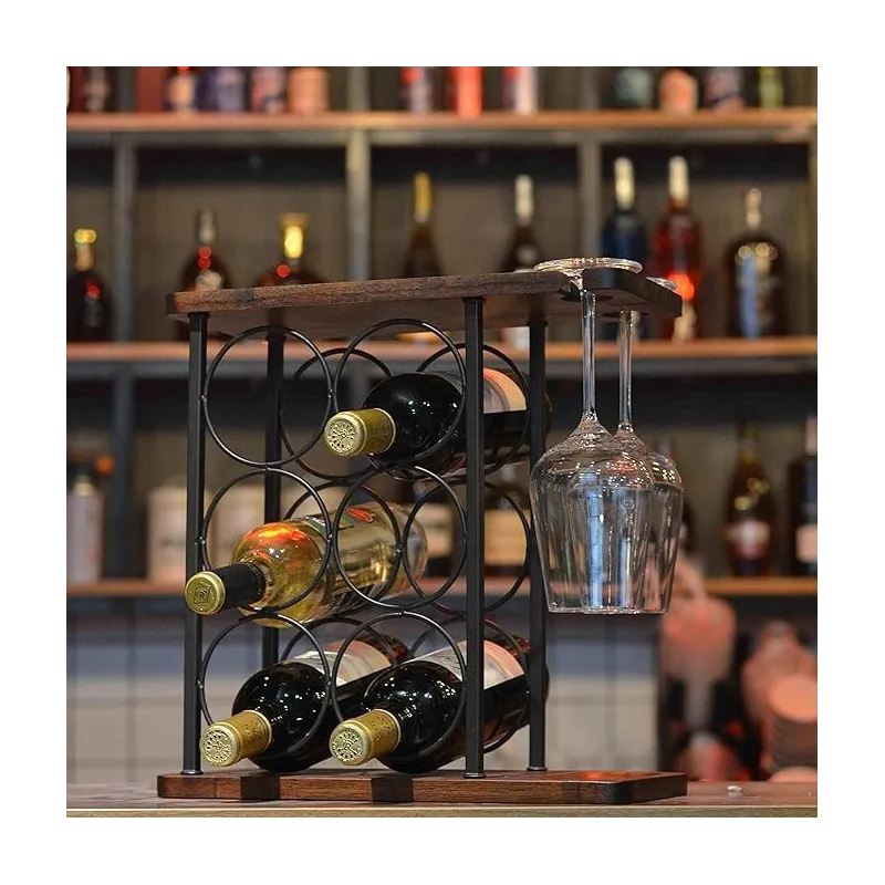 Raft Metalic pentru 6 Sticle de Vin cu Suport pentru 2 Pahare si Blat din Lemn