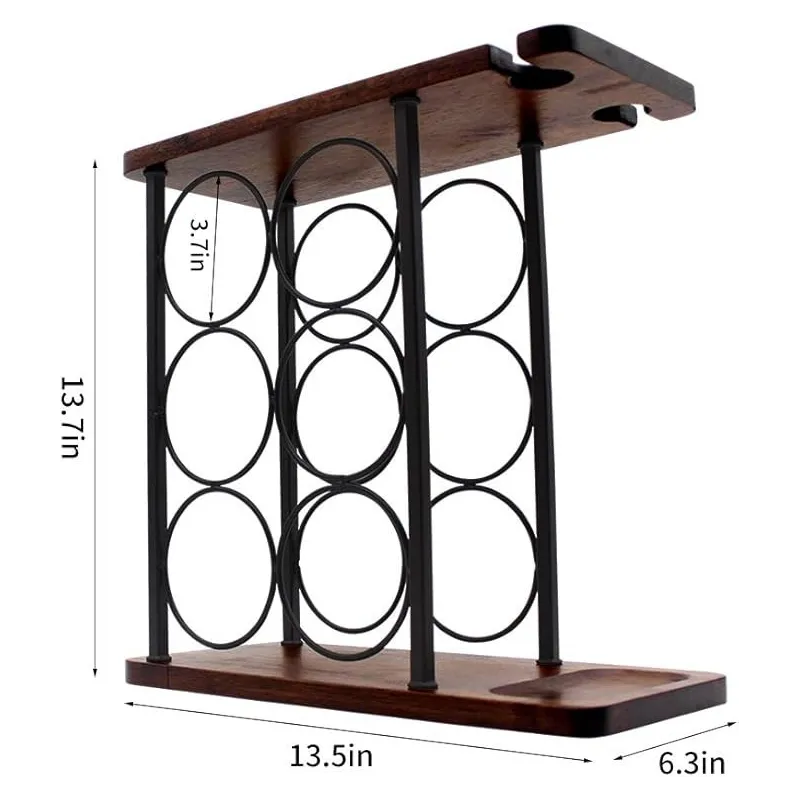 Raft Metalic pentru 6 Sticle de Vin cu Suport pentru 2 Pahare si Blat din Lemn