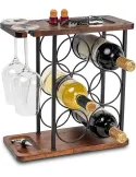 Raft Metalic pentru 6 Sticle de Vin cu Suport pentru 2 Pahare si Blat din Lemn