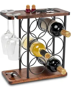 Raft Metalic pentru 6 Sticle de Vin cu Suport pentru 2 Pahare si Blat din Lemn