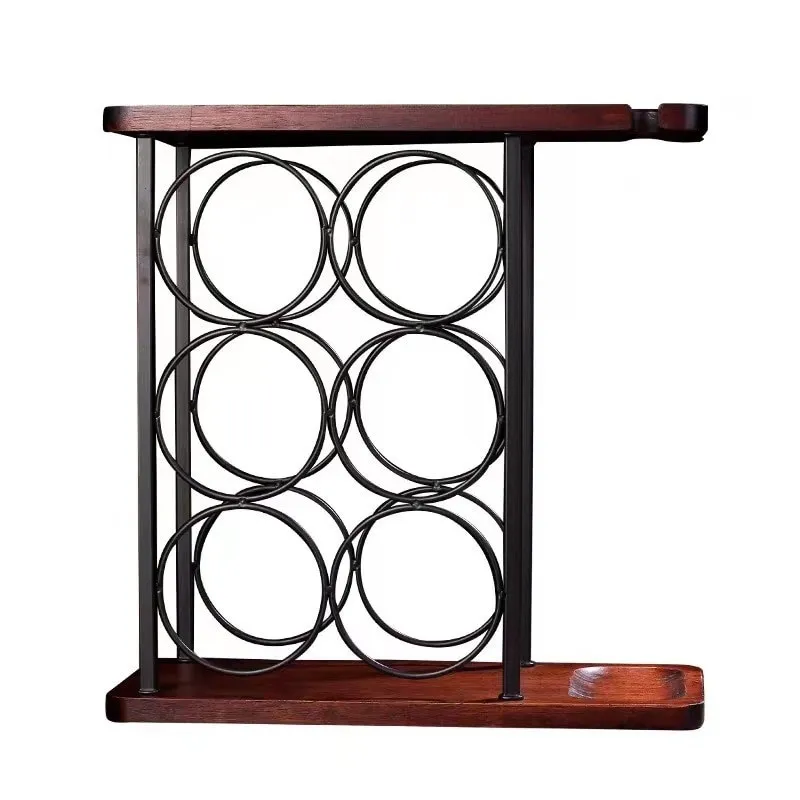 Raft Metalic pentru 6 Sticle de Vin cu Suport pentru 2 Pahare si Blat din Lemn
