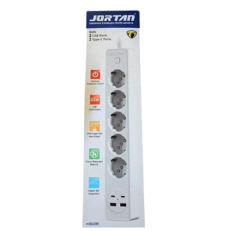 Prelungitor 5 prize, 2 porturi USB si 2 Type-C, 2m , Jortan